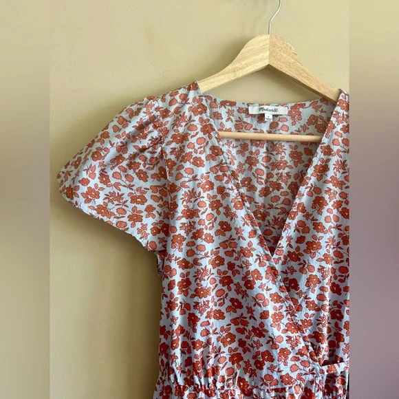 Madewell | Floral Wrap Dress - Orange and Blue, Size Small - Picture 3 of 8